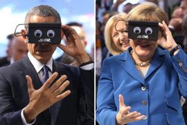 奥巴马和默克尔体验虚拟现实眼镜